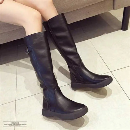 2024 Zipper Solid Winter Casual Fleeces Leather Flat Knee High Boots