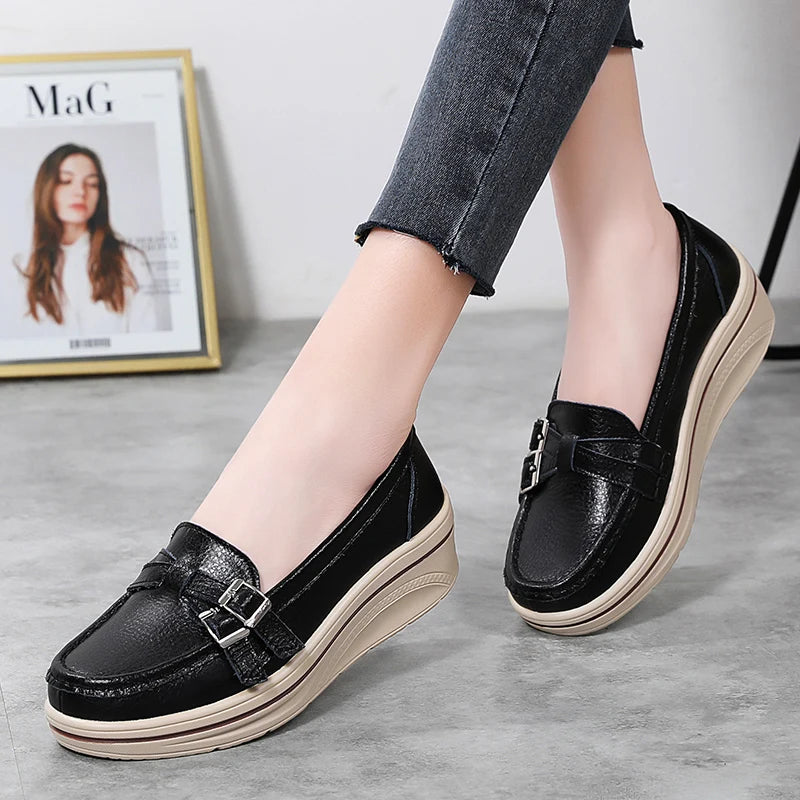 Leather Wedge Platform Orthopedic Slip On Casual Comfort Flats Loafers