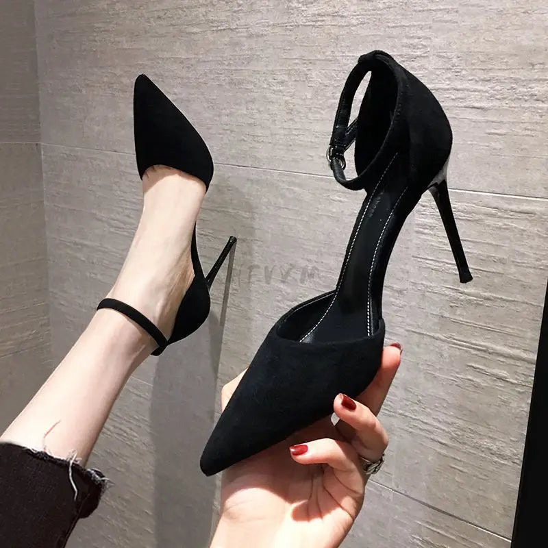 Black High-heeled Sandals Pointed Buckle All-Match Single High Heel