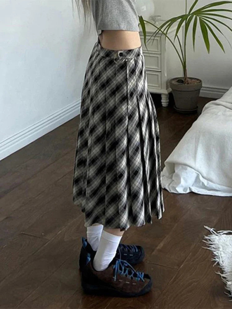 DressBetty - Houndstooth Pleated Loose Retro Maxi Skirt