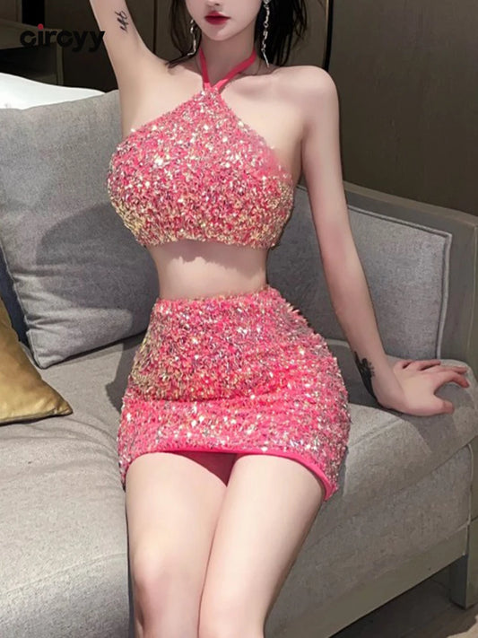 Korean Halter Pink Sequins Backless High Waisted Y2k Mini Skirt