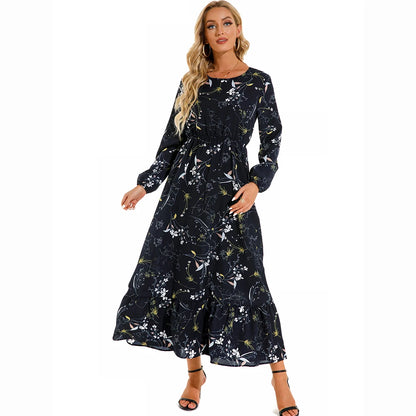 Sping Bohemian Women Maxi Casual Long Sleeve High Waist Chiffon Midi Dresses