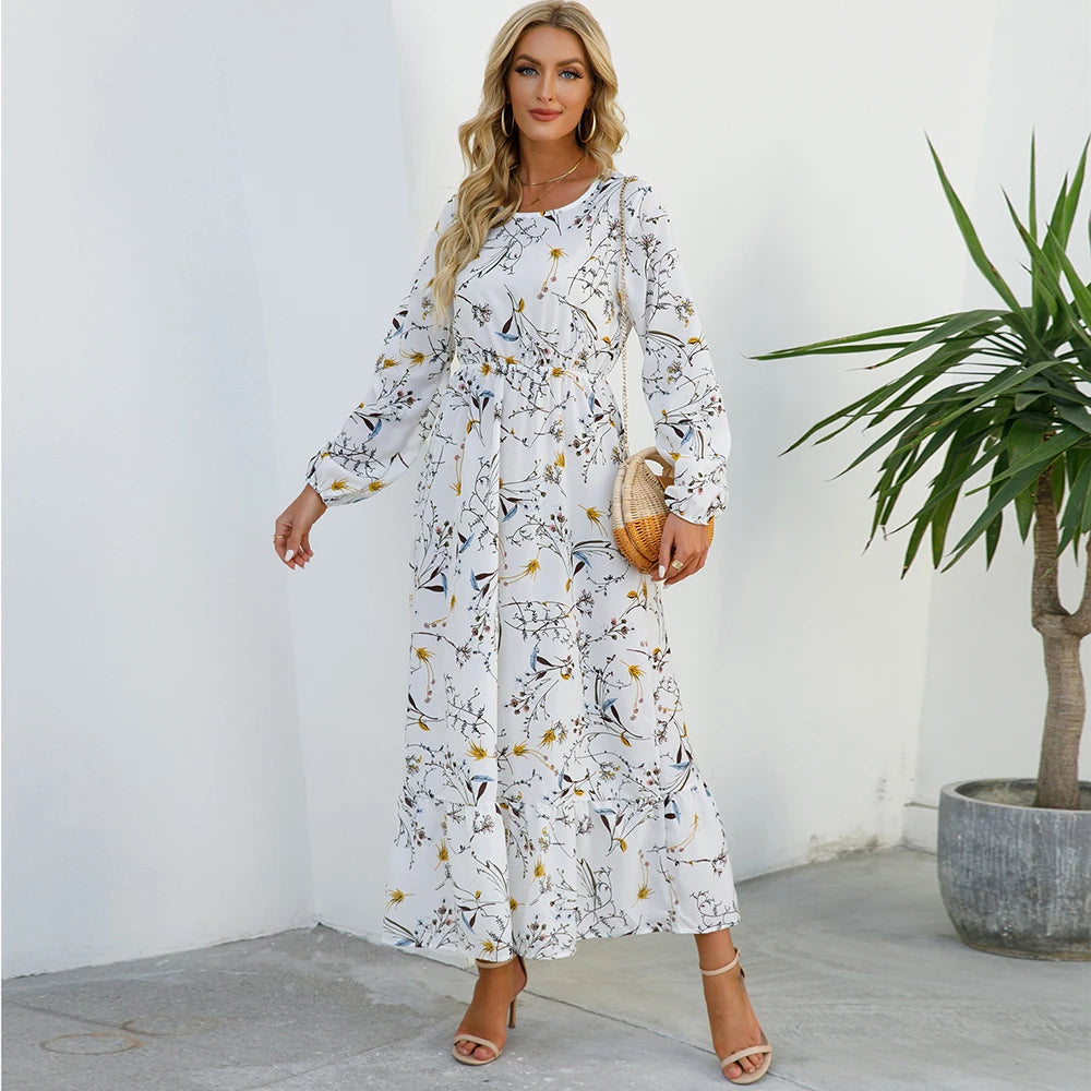 Sping Bohemian Women Maxi Casual Long Sleeve High Waist Chiffon Midi Dresses