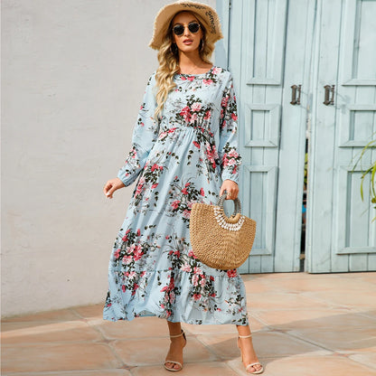 Sping Bohemian Women Maxi Casual Long Sleeve High Waist Chiffon Midi Dresses