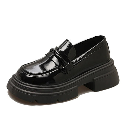 Black Fur Round Toe Platform British Style Autumn Casual Loafers