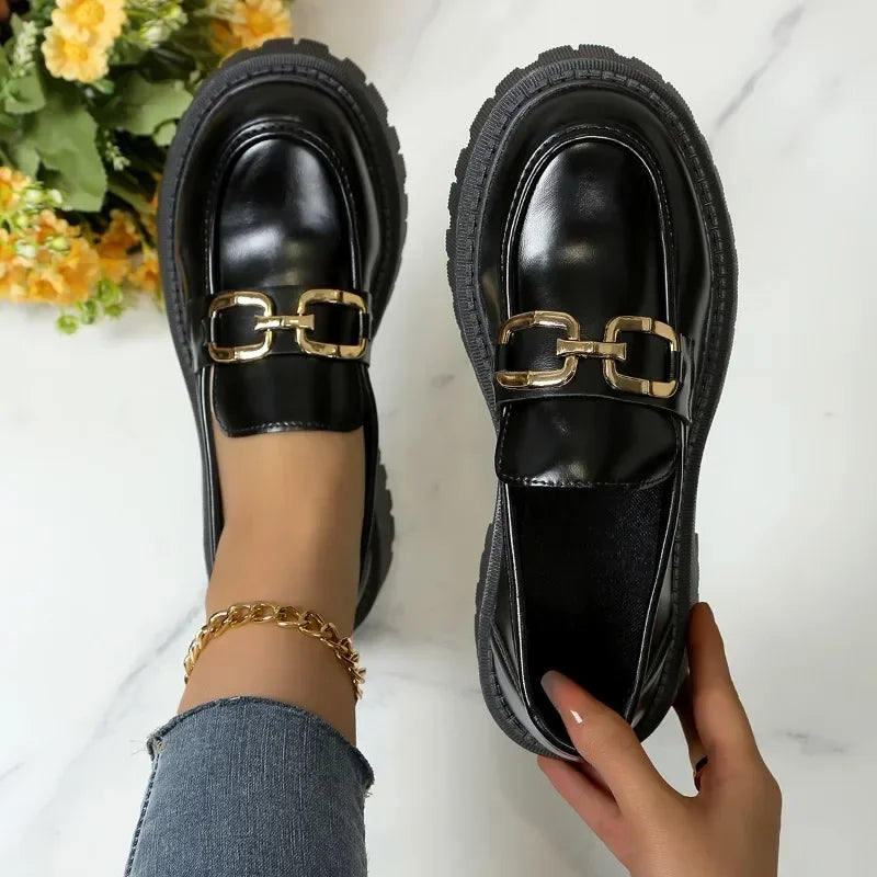 Metal Chain Buckle Platform Mary Janes Round Toe Black Loafers