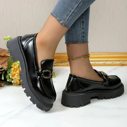 Metal Chain Buckle Platform Mary Janes Round Toe Black Loafers