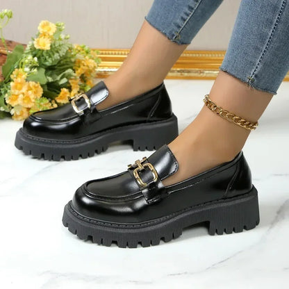 Metal Chain Buckle Platform Mary Janes Round Toe Black Loafers