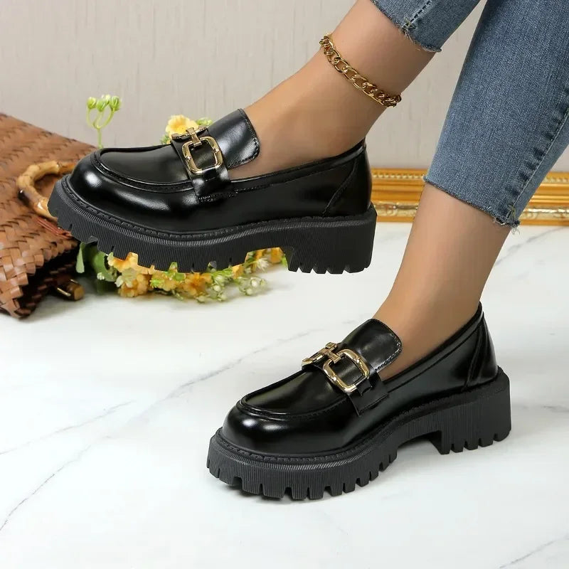 Metal Chain Buckle Platform Mary Janes Round Toe Black Loafers