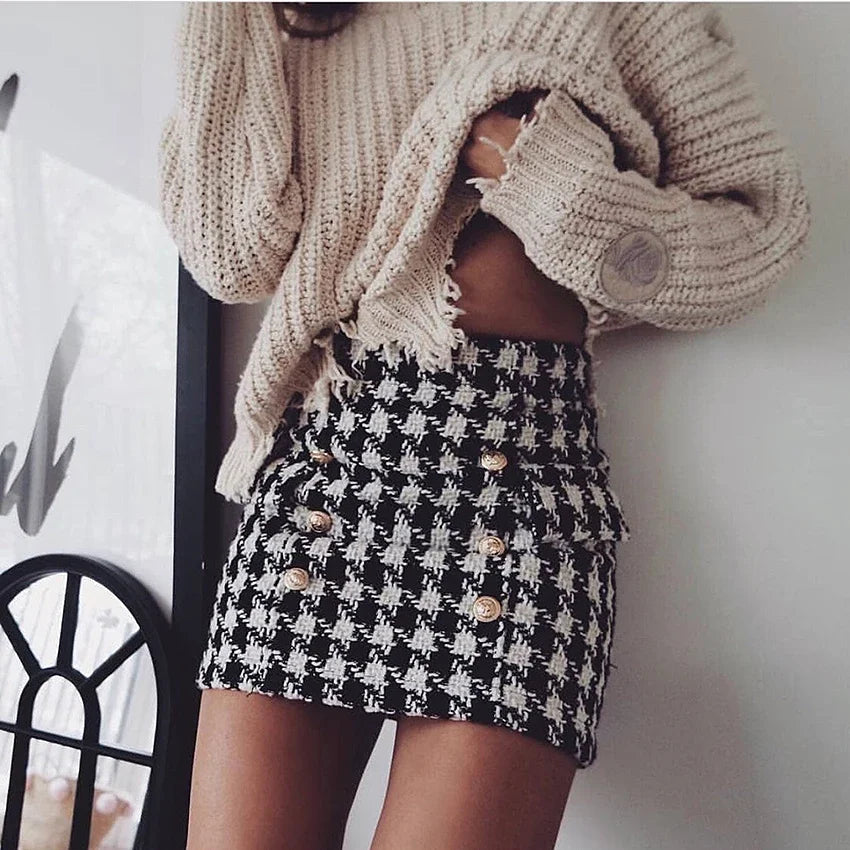 HIGH STREET Runway Designer Lion Buttons Tweed Houndstooth Mini Skirt