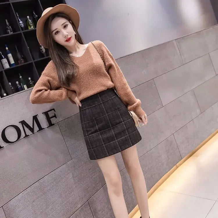 Korean Sexy High Waist Slim Plaid Wool A-step Mini Skirt