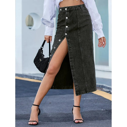 Sexy Blue A Line Jean High Waist Irregular Split Long Denim Skirt