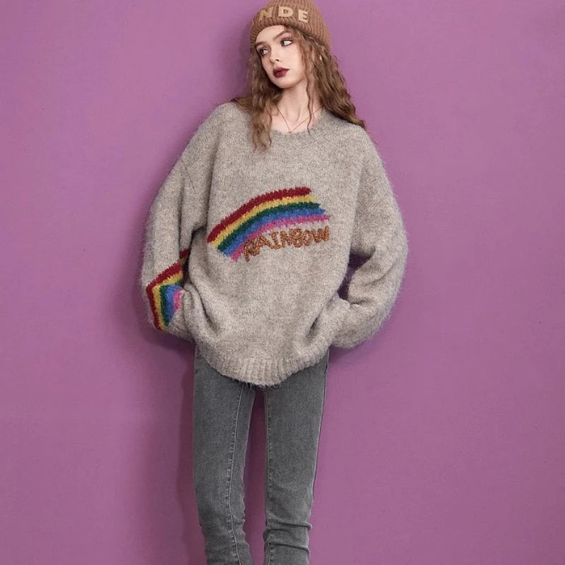 Winter Christmas Rainbow Khaki Warm Loose Pullover Sweater