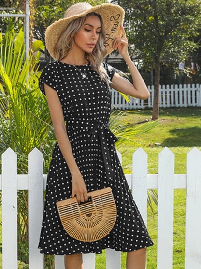 New Summer Polka Dots Pleated Waist Office Green Dinner Midi Dresses