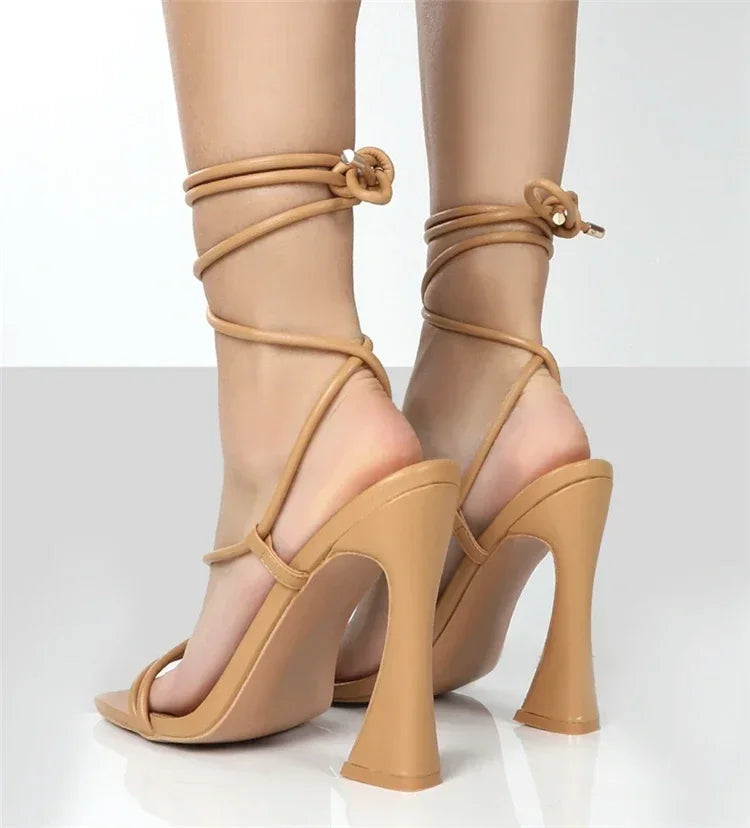 Black High Heel Party Square Toe Nude Strap Runway Women's High Heel