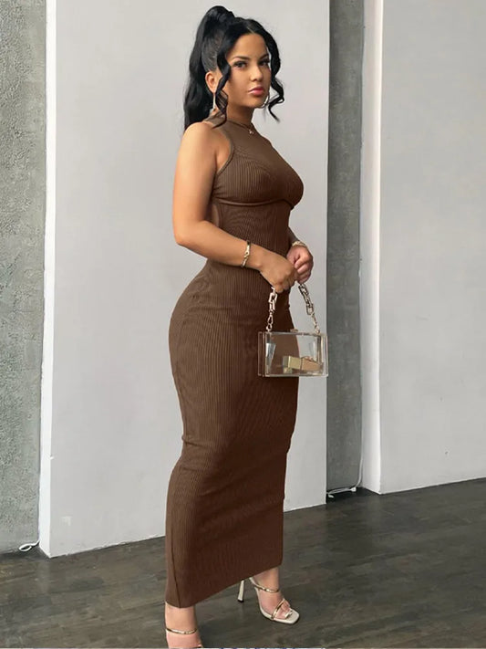 Spring Sexy Backless Elegant Evening Birthday Brown Long Midi Dresses