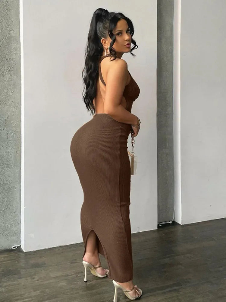 Spring Sexy Backless Elegant Evening Birthday Brown Long Midi Dresses