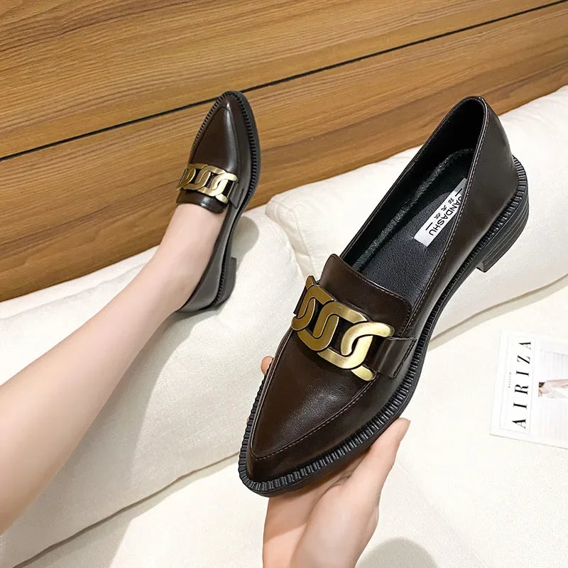 Pointed Toe Platform Metal Chain Buckle Designer British Leather Flats Loafers