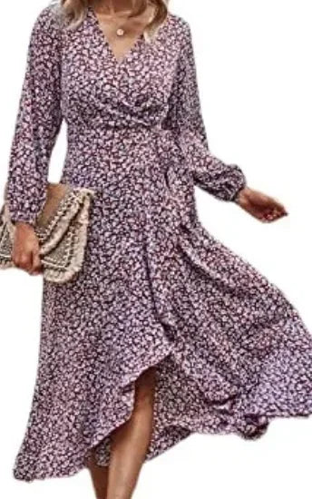 Floral Print Elegant Casual V-Neck Sun Midi Dresses