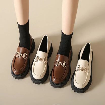 Black Leather Platform Slip On Spring Boat Metal Chain Designer Oxfords Loafers