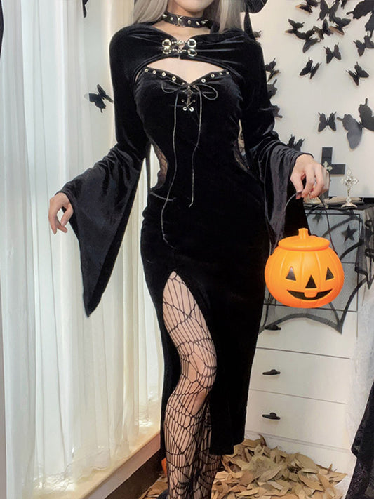 Long Dress Suit With Hat See Through Velvet Lace Cutout High Slit Long Sleeve Button Lace-up Party Dress