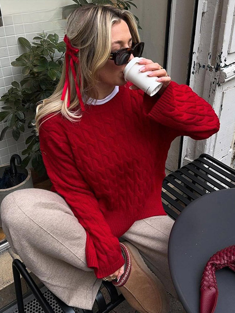 Christmas Sweater Lazy Twist O-Neck Long Sleeve Side Split Knitted