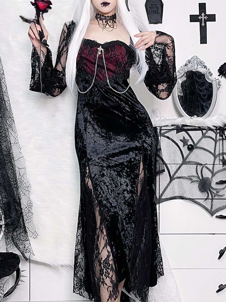 Chain Long Gothic Party Velvet High Slit Lace Patchwork Tube Maxi Bodycon Dress