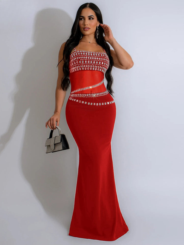 Red Christmas Party Dress with Elegant Mesh See Through Rhinestones Strap