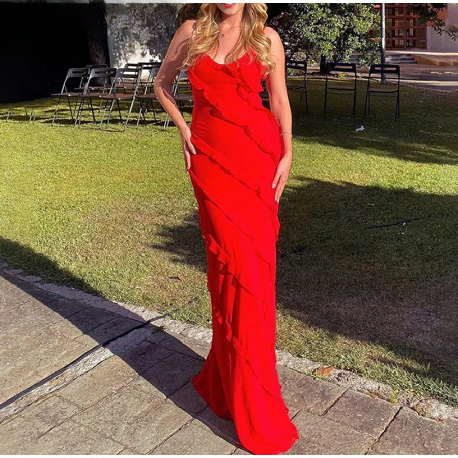 Ruffles Chiffon Backless Split Maxi Red Christmas Party Dress