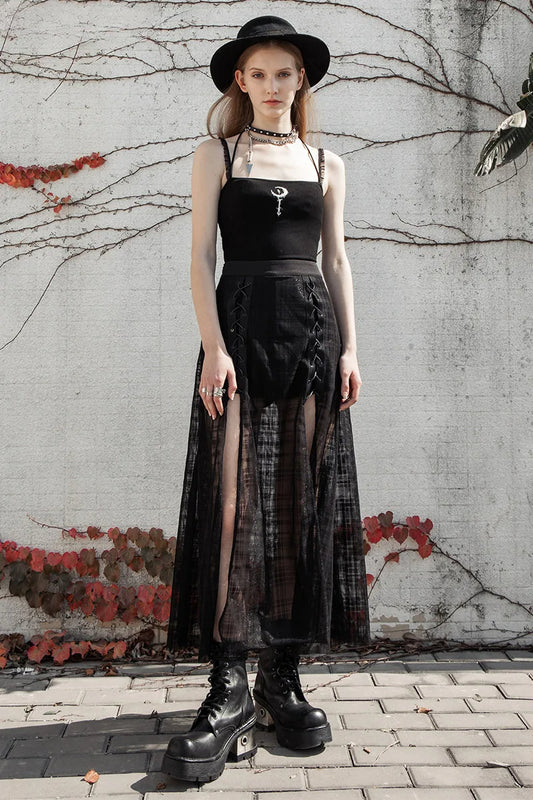 Women's Daily A Shape Mid-length Grid Mesh Forks Pantskirt Gothic Elastic Waist Sexy Casual Long Skirt