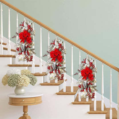 Cordless Prelit Christmas Swag Wreath Set - Red for Front Door and Stairway