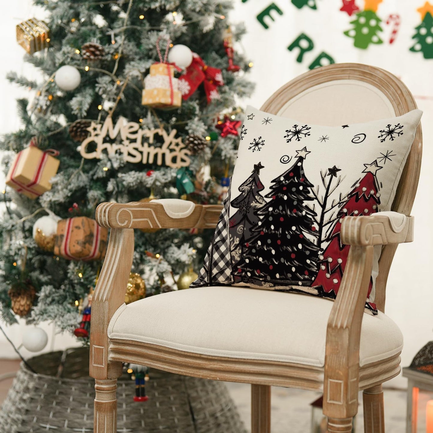 Colorlife Christmas Joy Xmas Trees Red Throw Pillow Covers - Set of 4