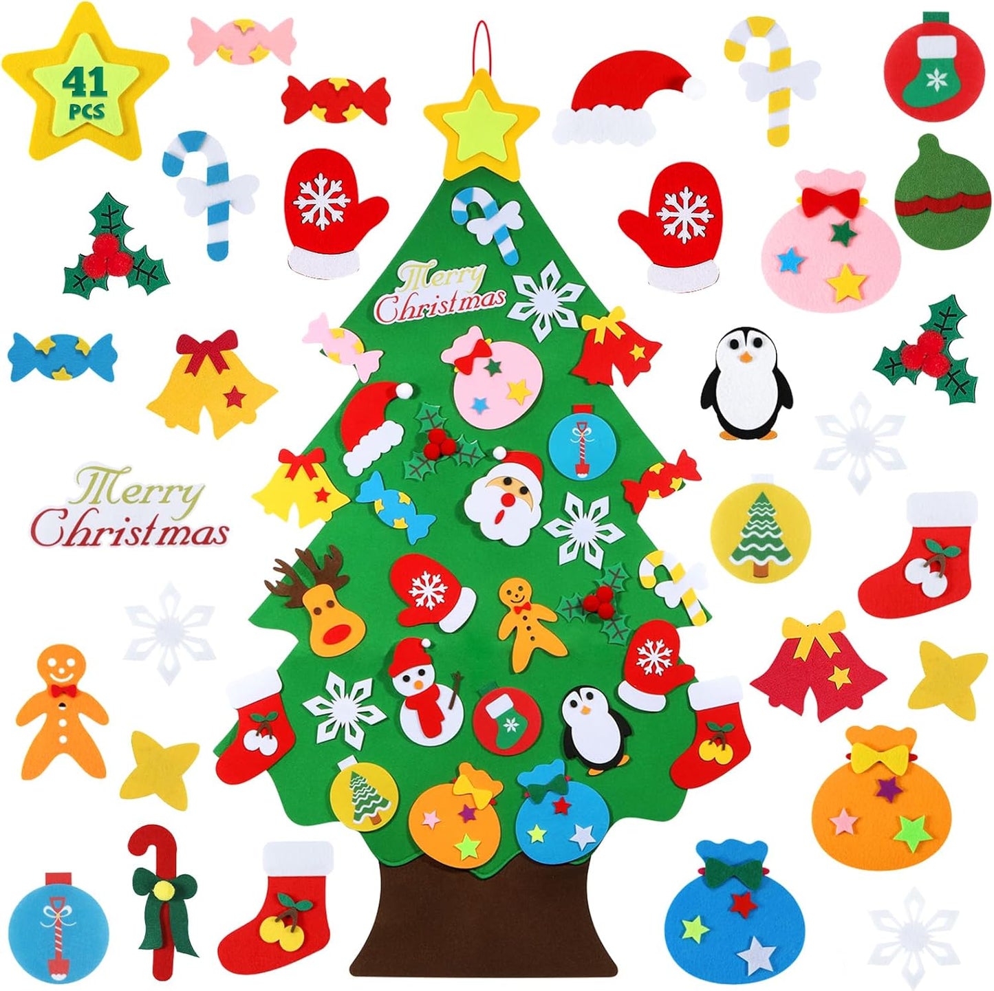 Felt Christmas Tree for Kids with Ornaments, Lights - Wall Hanging Decor