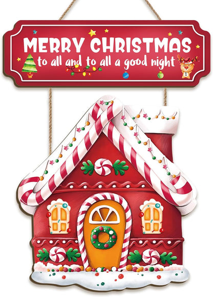 Christmas Wreath Candy Cane Wall Decor Gingerbread Bakery House Wood Signs Set - 12”X17” - Red Hang Decorations