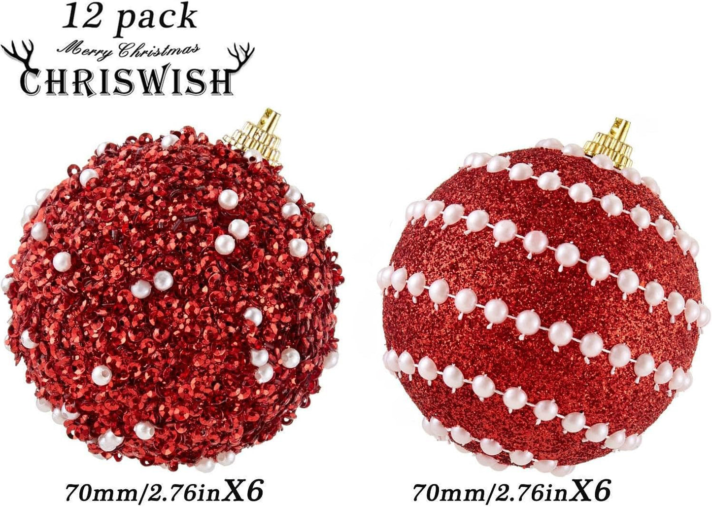 Shatterproof Red Christmas Ball Ornaments - Set of 12 - 70mm/2.76" - Holiday Party Decorations