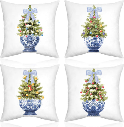 Chinoiserie Blue Christmas Tree Throw Pillow Covers - Set of 4