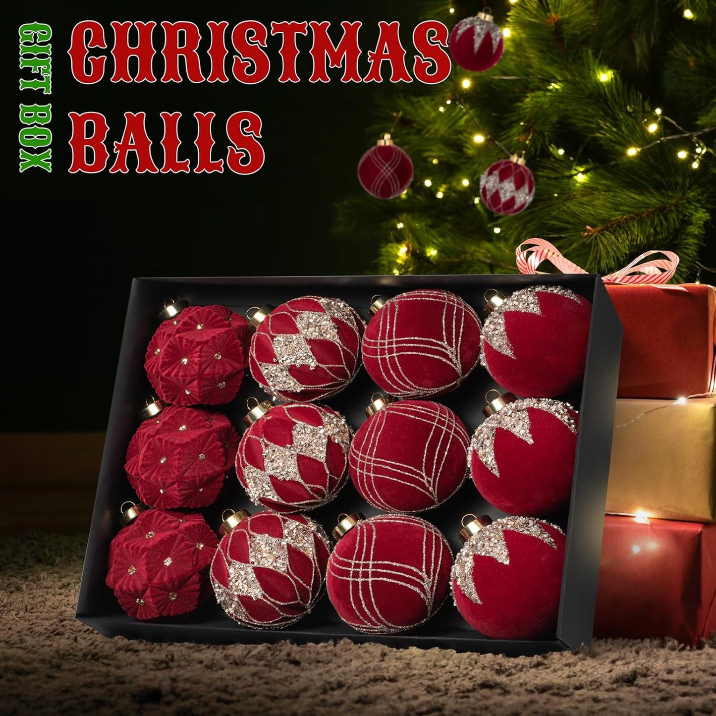 Flocked Red Christmas Ball Ornaments - 12-Pack, 80mm/3.15 in