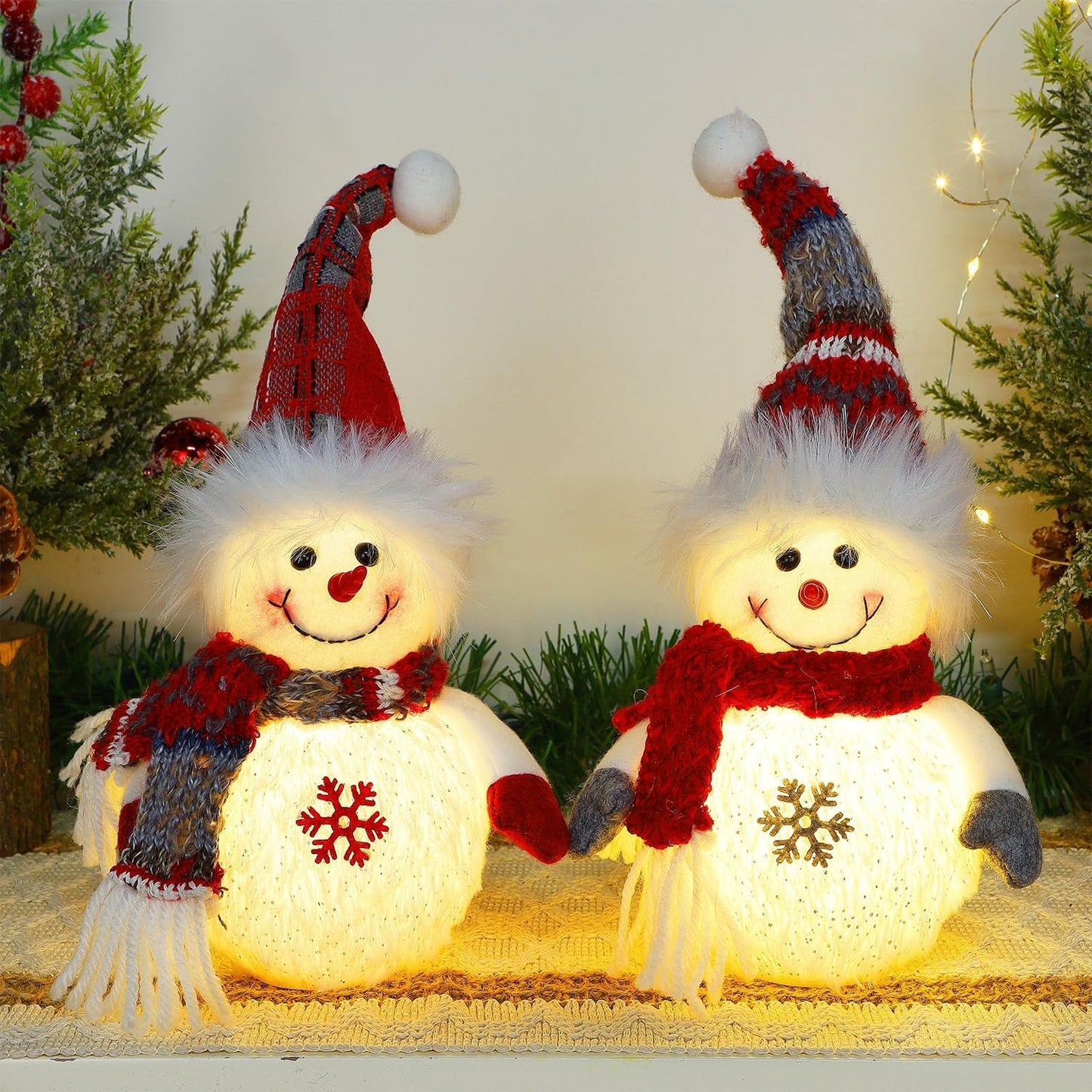 Lighted Plush Snowmen Figurines - Set of 2 - Christmas Table Decorations