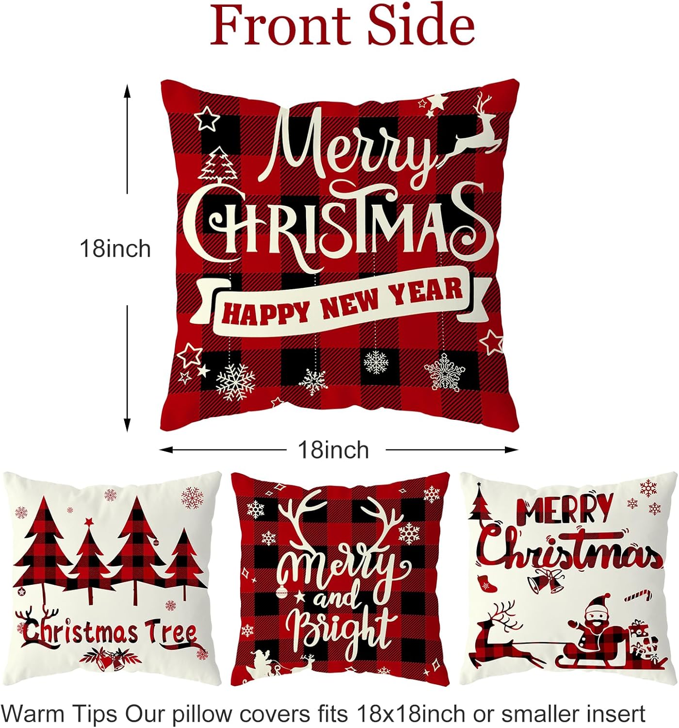 Buffalo Check Plaid Christmas Pillow Covers Set of 4 - Indoor/Outdoor Xmas Throw Pillow Cases