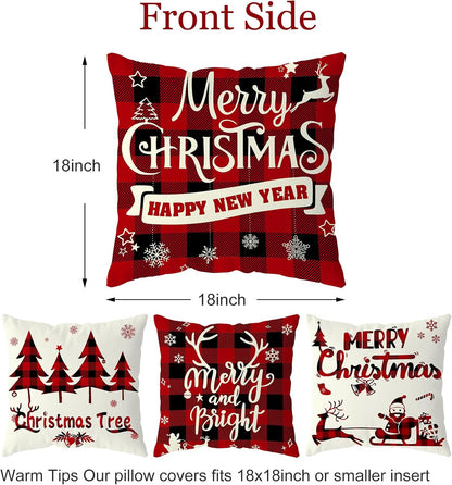 Buffalo Check Plaid Christmas Pillow Covers Set of 4 - Indoor/Outdoor Xmas Throw Pillow Cases