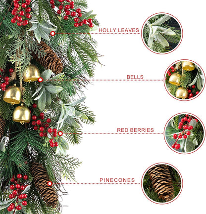 Christmas Bell Teardrop Swag with Faux Berries and Pinecone Ornament - 26" Pine Branches Door Swag Garlands for Xmas Wall Outdoor Indoor Decor