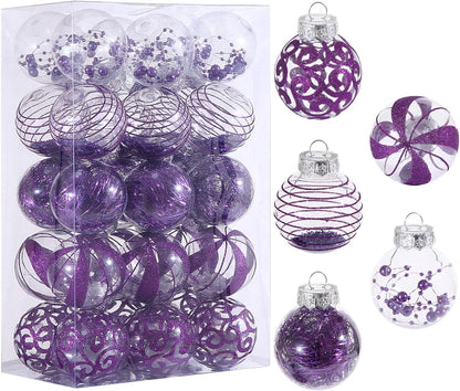 24ct Clear White Plastic Shatterproof Christmas Ornaments Set with Delicate Stuffed Decorations