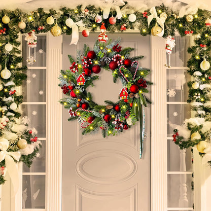 Christmas Wreath with Candy Canes, Ornaments, Pine Cones, Berries & Bow - Indoor/Outdoor Wall Decor