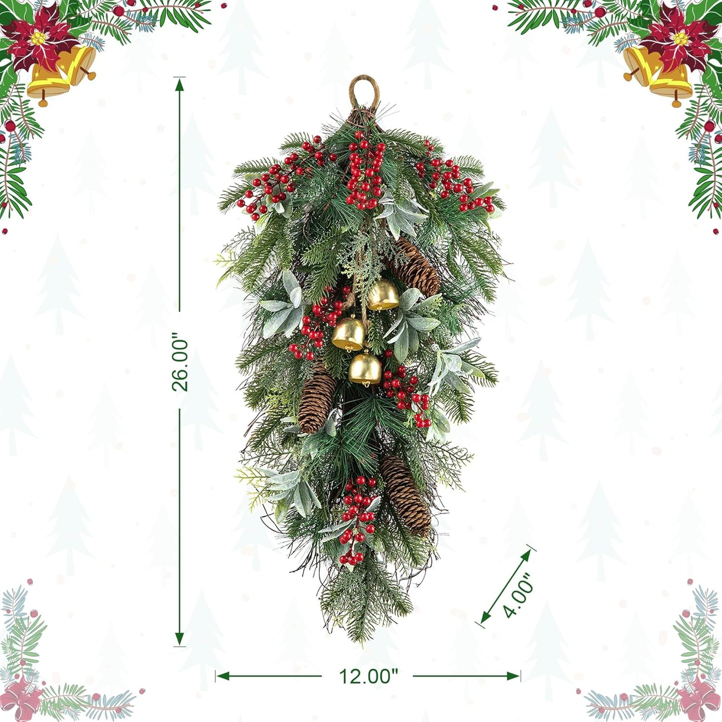 Christmas Bell Teardrop Swag with Faux Berries and Pinecone Ornament - 26" Pine Branches Door Swag Garlands for Xmas Wall Outdoor Indoor Decor