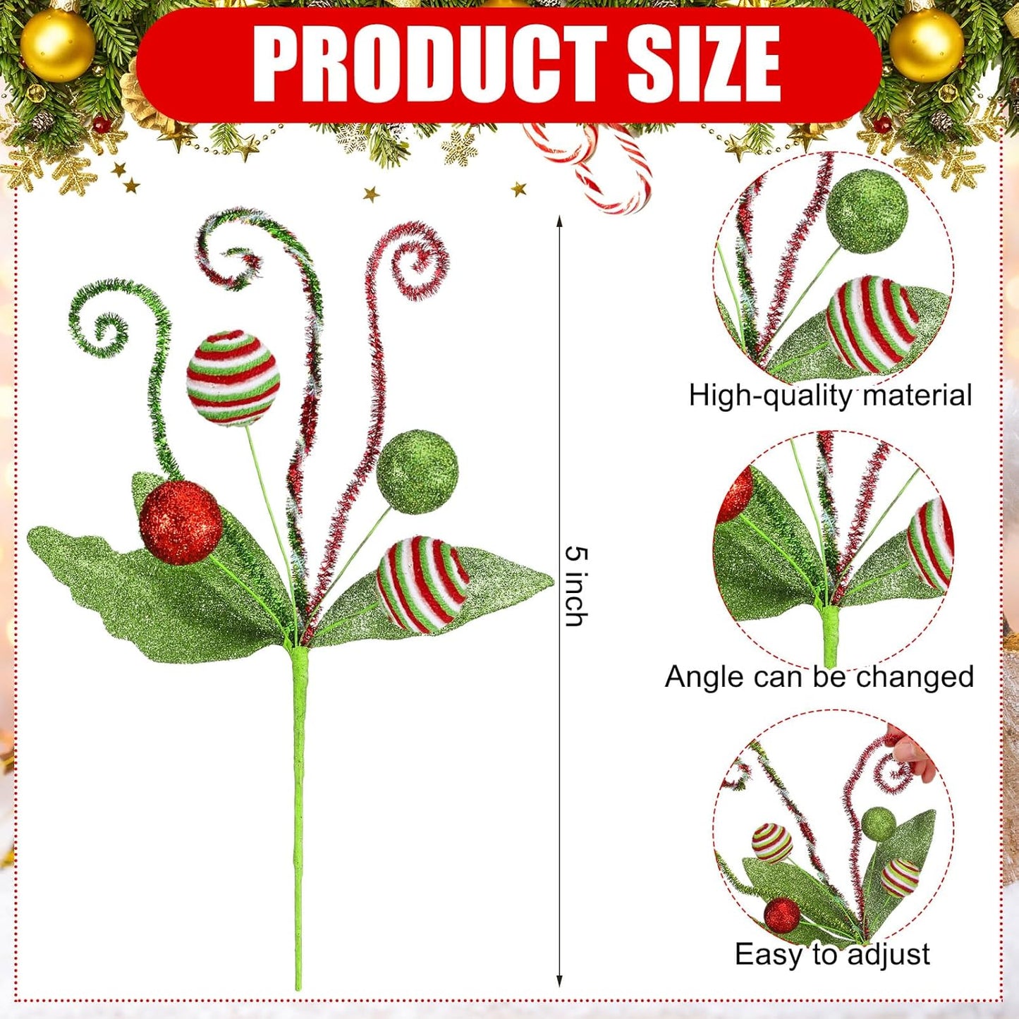 Christmas Tree Picks - Red Green Glitter Curly Sprays - 12 Pack