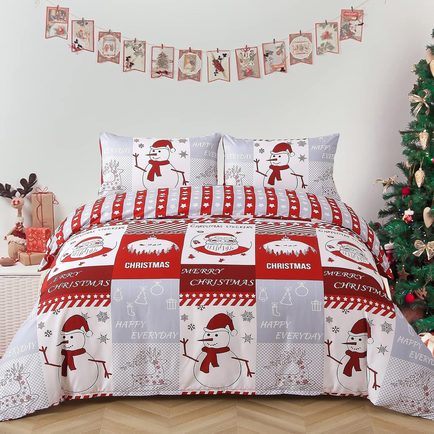 Xmas Tree Reindeer Queen Duvet Cover Set - Festive Bedroom Decor - Lightweight Comforter Cover - 3 Pieces