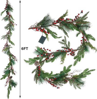 Pre-lit Artificial Christmas Garland with LED Lights, Battery Powered - Pine Cones, Red Berries, Pine Needles - Fireplace Mantle Holiday Decorations