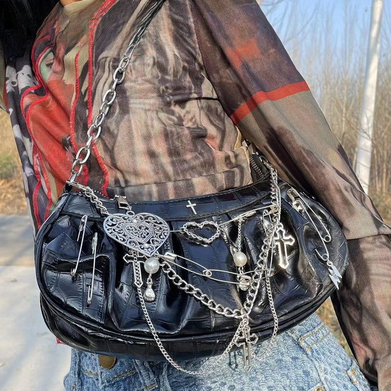 Y2K Gothic Harajuku Metal Punk Hip Hop Rock Underarm Tote Crossbody Shoulder Bag