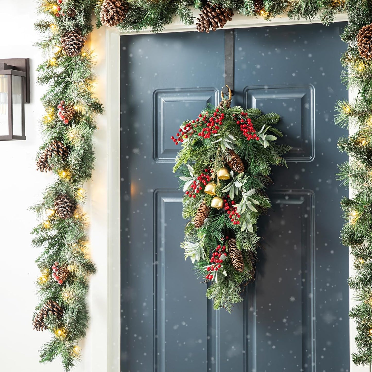 Christmas Bell Teardrop Swag with Faux Berries and Pinecone Ornament - 26" Pine Branches Door Swag Garlands for Xmas Wall Outdoor Indoor Decor