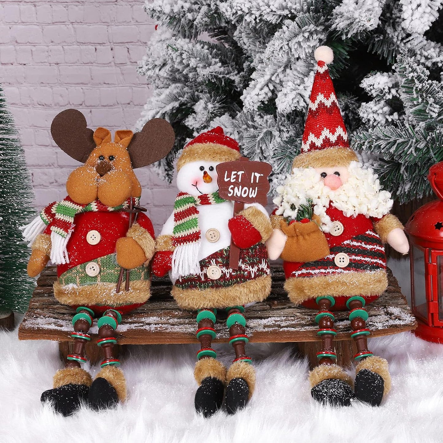 Christmas Sitting Santa Snowman Reindeer Doll Long Legs Ornament Set - Pack of 3